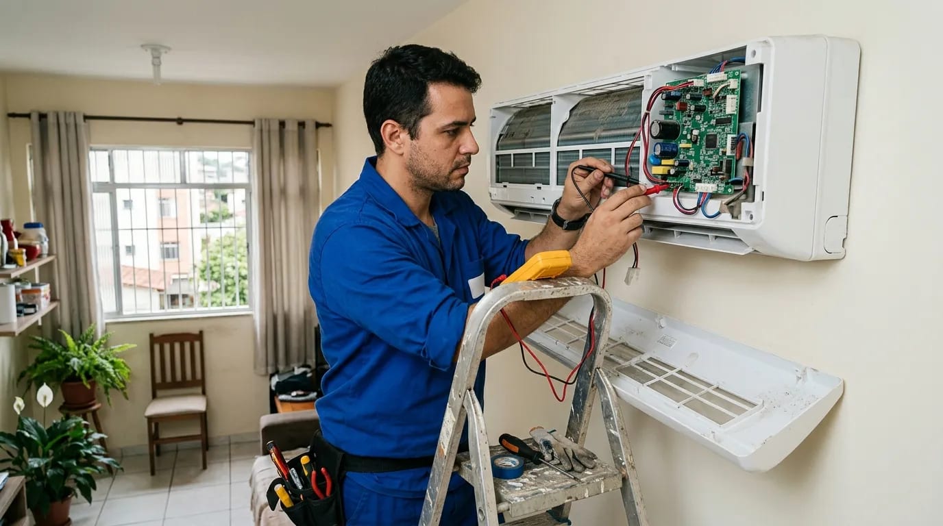 Eletricista ligando a placa do ar-condicionado split em Aparecida de Goiânia‑GO